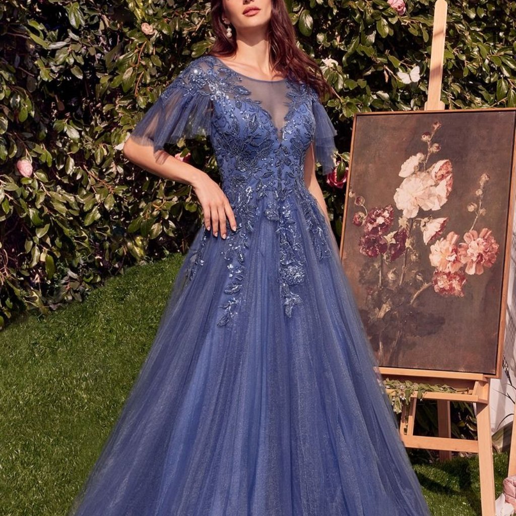 Pink Mother Of The Bride Dress,Blue Short Sleeve Long Tulle Ball Gown